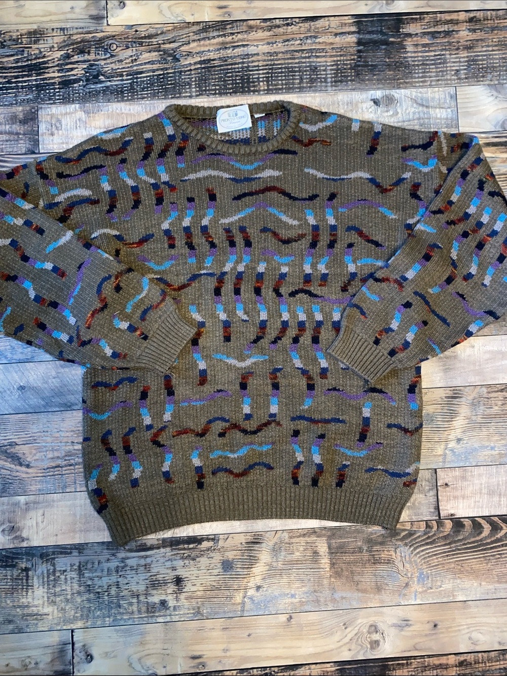 Vintage Pronto Uomo Italian Knit Sweater with Multicolor Wave Pattern